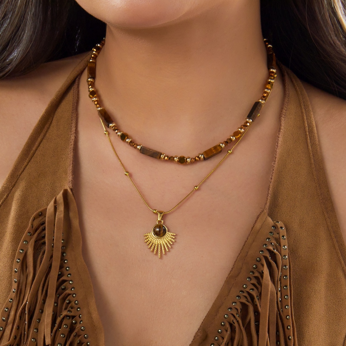 Layered Pendant Necklace Aesthetic - Esthetische herfstbruine natuurlijke tijgeroog kralen zonhanger