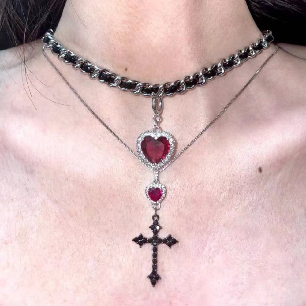 Punk Grunge Rood Hart Kristall - Layered Pendant Necklace Aesthetic recensie en prijs