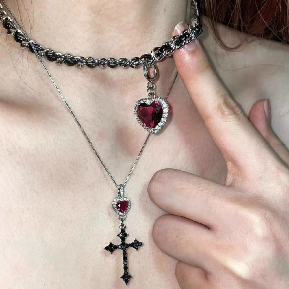 Punk Grunge Rood Hart Kristall - Layered Pendant Necklace Aesthetic recensie en prijs